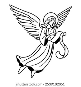 An Angel holding a scroll Hand drawn Christmas Winter christianity religion graphic vector illustration isolated on white background color editable 