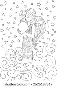 Angel Holding Sphere with Stars - Coloring Page Illustration, Black and white line art illustration of an angel holding a sphere, surrounded by stars and stylized clouds. Design suitable for a