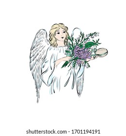 Angel holds a bouquet of lilies of the valley and easter egg. Biblical heavenly symbol of man with wings. Decor for greeting retro cards for Christmas, Easter and other religious holidays. 
