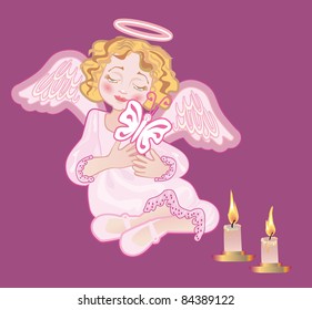 Angel holds a butterfly ( symbol of the dying soul) next to conflagration candles