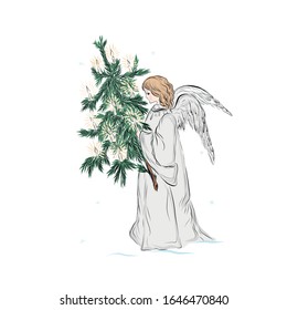 Angel holds Christmas tree decorated candles. Biblical heavenly symbol of man with wings.