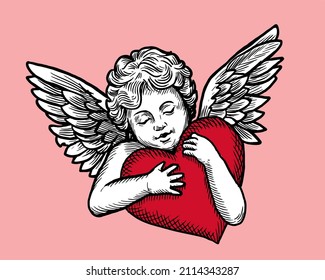 angel holds a heart. engraving line vector illustration. Cupid with heart. valentine's day art