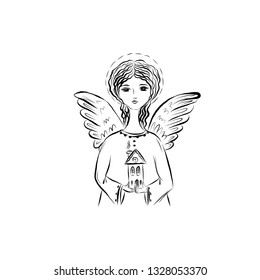 Angel holds house. Graphic vintage linear drawing. Concept for religious holidays - Easter, Christmas. Biblical heavenly symbol of man with wings. Illustration for children's books, cards