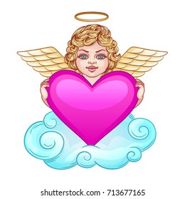 Angel holds a pink heart. A cute angel with wings lies on a cloud
