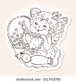 Angel for holidays Valentine's Day in sketch style. Angel with butterflies and with a wreath in his hands sits on a cloud beside a basket with flowers.Vector template for stickers, wedding invitation,