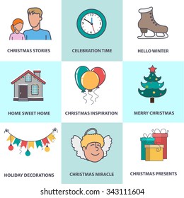 Angel, house, balloons, Christmas decorations, gifts and other Christmas symbols. Set of Christmas icons in flat style for web design, greeting card or invitation.