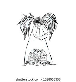 Angel with house. Graphic vintage linear drawing. Concept for religious holidays - Easter, Christmas. Biblical heavenly symbol of man with wings. Illustration for children's books, cards