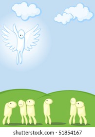 Angel hovering over people. Heaven. Clouds. Background.