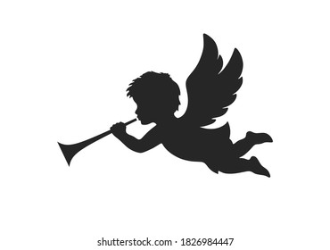 Angel Icon. Christmas Day Symbol. Herald Angel Blowing Trumpet. Vector Silhouette Image