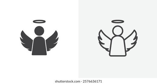 Angel icon set in black flat solid and outlined style.