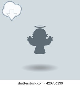 Angel icon with shadow. Cloud of download with arrow.