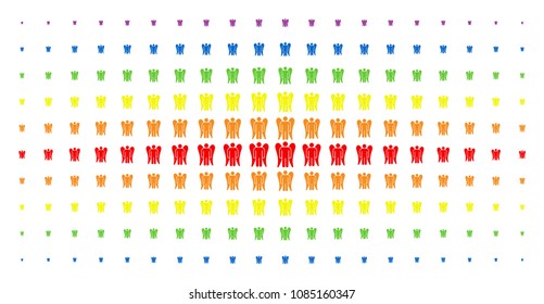 Angel icon spectrum halftone pattern. Vector angel objects are arranged into halftone array with vertical spectrum gradient. Constructed for backgrounds, covers, templates and abstraction concepts.