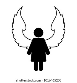 Angel icon. Woman wife with wings. Black outline vector on white background. Flat style illustration. EPS 10.