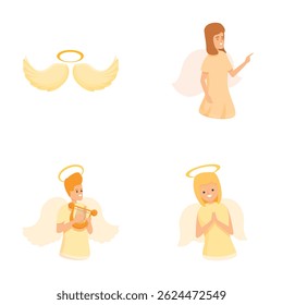 Ícones de anjo definir vetor de desenhos animados. Personagem de jovens com asa e halo. Tema de religião