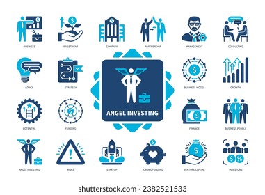 Angel Investing icon set. Start up, Business, Venture Capital, Advice, Consulting, Crowdfunding, Partnership, Growth. Duotone color solid icons