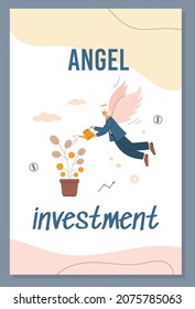 Angel investment concept of banner or card, cartoon flat vector illustration. Entrepreneurship funding and startup idea financing banner or poster template.