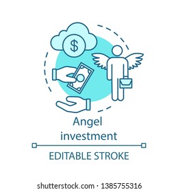 Angel investment concept icon. Business angel. Startup investing. Informal investor. Financing. Private investor, founder idea thin line illustration. Vector isolated outline drawing. Editable stroke