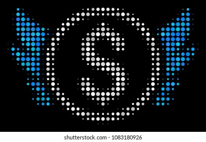 Angel investment halftone vector icon. Illustration style is pixel iconic angel investment symbol on a black background. Halftone matrix is created with round blots.