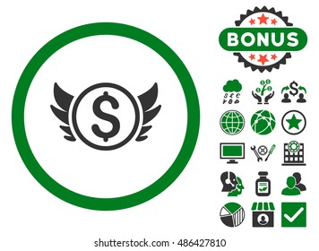 Angel Investment icon with bonus elements. Vector illustration style is flat iconic bicolor symbols, green and gray colors, white background.