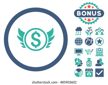 Angel Investment icon with bonus images. Vector illustration style is flat iconic bicolor symbols, cobalt and cyan colors, white background.