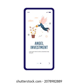 Angel investment onboarding page interface with businessman flying on wings for financial services and funding company, flat cartoon vector illustration.