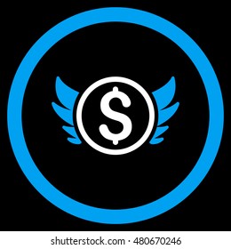 Angel Investment rounded icon. Vector illustration style is flat iconic bicolor symbol, blue and white colors, black background.