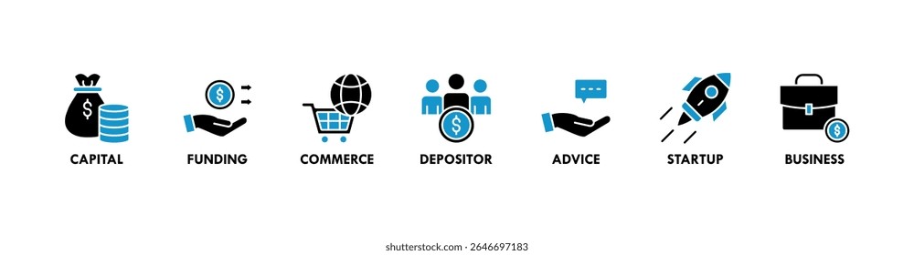 Anjo investidor banner web ícone vetor ilustração conceito de business angel, investidor informal, fundador do investimento com ícone de capital, financiamento, comércio, depositante, aconselhamento, start-up e negócios