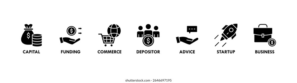 Anjo investidor banner web ícone vetor ilustração conceito de business angel, investidor informal, fundador do investimento com ícone de capital, financiamento, comércio, depositante, aconselhamento, start-up e negócios
