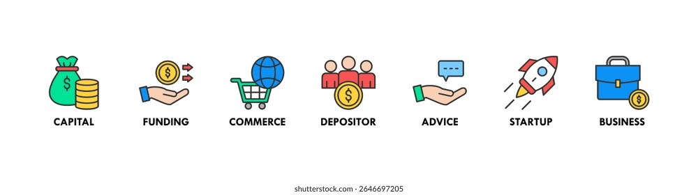 Anjo investidor banner web ícone vetor ilustração conceito de business angel, investidor informal, fundador do investimento com ícone de capital, financiamento, comércio, depositante, aconselhamento, start-up e negócios