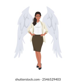 Angel Investor or businesswoman woman in office suit with wings. Flat Vector character illustration