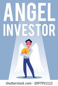 Angel investor cartoon vector poster. Smiling young male with wings behind him is standing front view with gold coin, money symbol, in his arms.