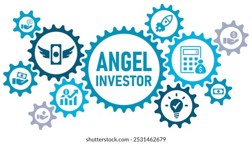 Ángel concepto de inversor Anuncio Web Sitio web iconos Ilustración vectorial con iconos de ángel de negocios, inversor informal, capital, financiación, comercio, depositante, asesoramiento, inicio, negocios, en blanco Volver