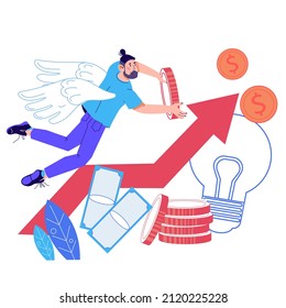 Angel investor, entrepreneurship funding and investment concept. Startup financial support and investing into innovation, flat cartoon vector illustration isolated on white background.