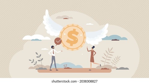 Angel investor with entrepreneurship funding money coin tiny person concept. Initiative investment, idea financing and financial support for new businesswoman or start up company vector illustration.