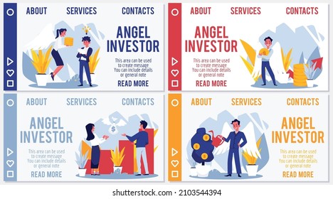 Angel investor funding startup with innovative business ideas, vector website banner. Sponsorship, investment and providing capital on early stages of business. Cartoon flat illustration.