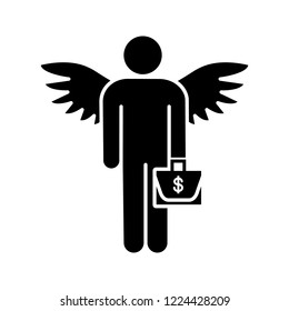 Icono de glifo inversor ángel. Ángel de negocios. Inversor informal.Inversión. Fundador. Empresario con maletín y alas. Símbolo de silueta. Espacio negativo. Ilustración aislada de vectores