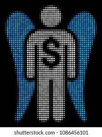 Angel investor halftone vector pictogram. Illustration style is dotted iconic angel investor icon symbol on a black background. Halftone grid is sphere pixels.