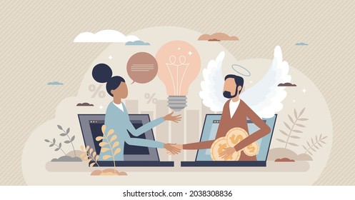 Angel investor help with money as entrepreneurship funding deal tiny person concept. Initiative investment, idea financing and financial support for new businessman or company vector illustration.