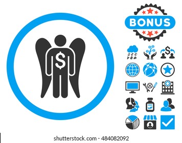 Angel Investor icon with bonus pictures. Vector illustration style is flat iconic bicolor symbols, blue and gray colors, white background.
