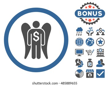 Angel Investor icon with bonus symbols. Vector illustration style is flat iconic bicolor symbols, cobalt and gray colors, white background.