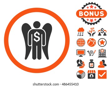 Angel Investor icon with bonus symbols. Vector illustration style is flat iconic bicolor symbols, orange and gray colors, white background.