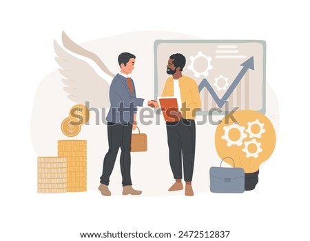 Angel investor isolated concept vector illustration. Startup financial support, business startup professional advice help, fundraising, online crowdfunding, investment capital vector concept.