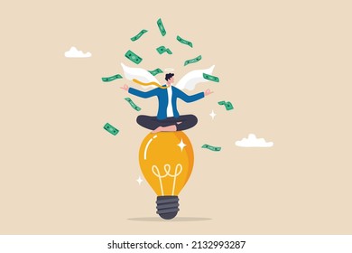 Angel investor, people who funding or support startup seed project since beginning, money support to grow business idea concept, rich businessman with angel wings on lightbulb idea with money banknote