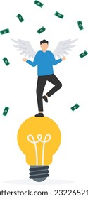 Angel investor, people who funding or support startup seed project since beginning, money support to grow business idea, Angel wings on lightbulb idea with money

