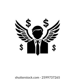 Angel Investor Silhouette: Black-and-White Illustration of a Winged Business Figure Surrounded by Dollar Signs