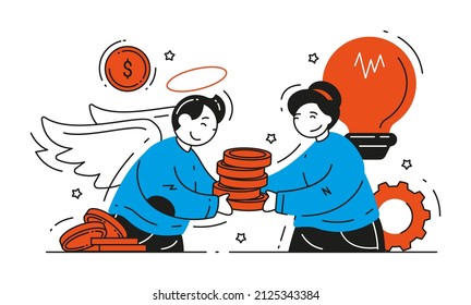 Angel investor startup financial support vector flat illustration. Concept of business professionals help, entrepreneurship funding, initiative investment, idea financing, partnership and coworking