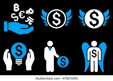 Angel Investor vector icons. Pictogram style is bicolor blue and white flat icons with rounded angles on a black background.