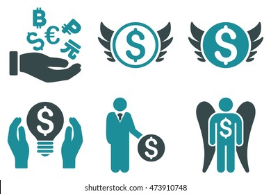 Angel Investor vector icons. Pictogram style is bicolor soft blue flat icons with rounded angles on a white background.