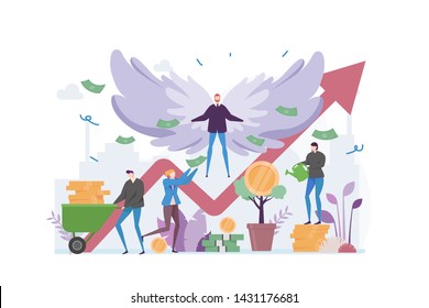 Angel Investor Vector Illustration Concept Showing an investor giving money for promising startup founder, Suitable for landing page, ui, web, app intro card, editorial, flyer, and banner.