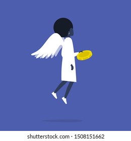 Angel investor. Young black female character with wings holding a coin. Business. Money. Investment. Flat editable vector illustration, clip art